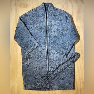 Lucky Brand Denim Kimono Coat Blue Denim Size S Braided Belt Embroidered Quilted